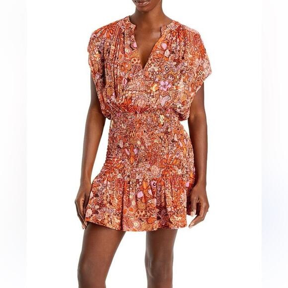 NWT A.L.C. Carly Silk Printed Smocked Mini Dress Size 14 - Picture 1 of 9